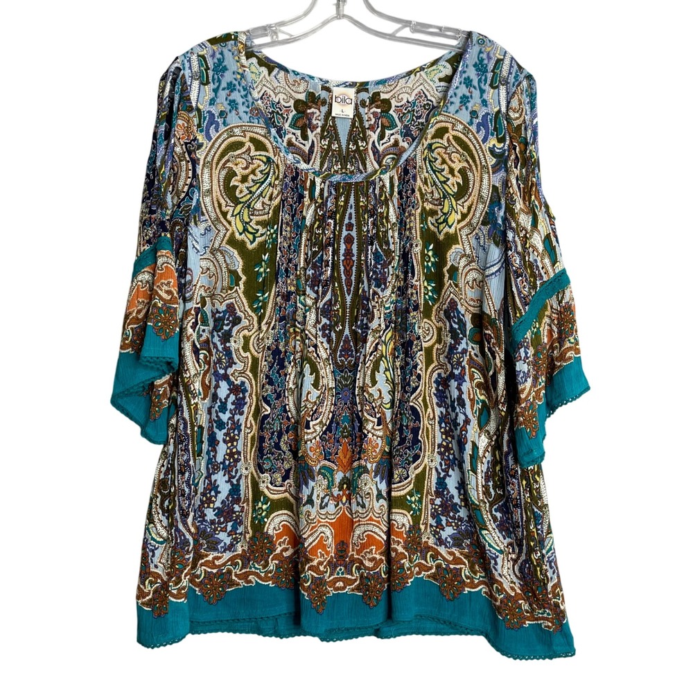 Bila Top Womens L Blue Multi Color Cold Shoulder Boho Hippie Paisely 3/4‎ Sleeve
